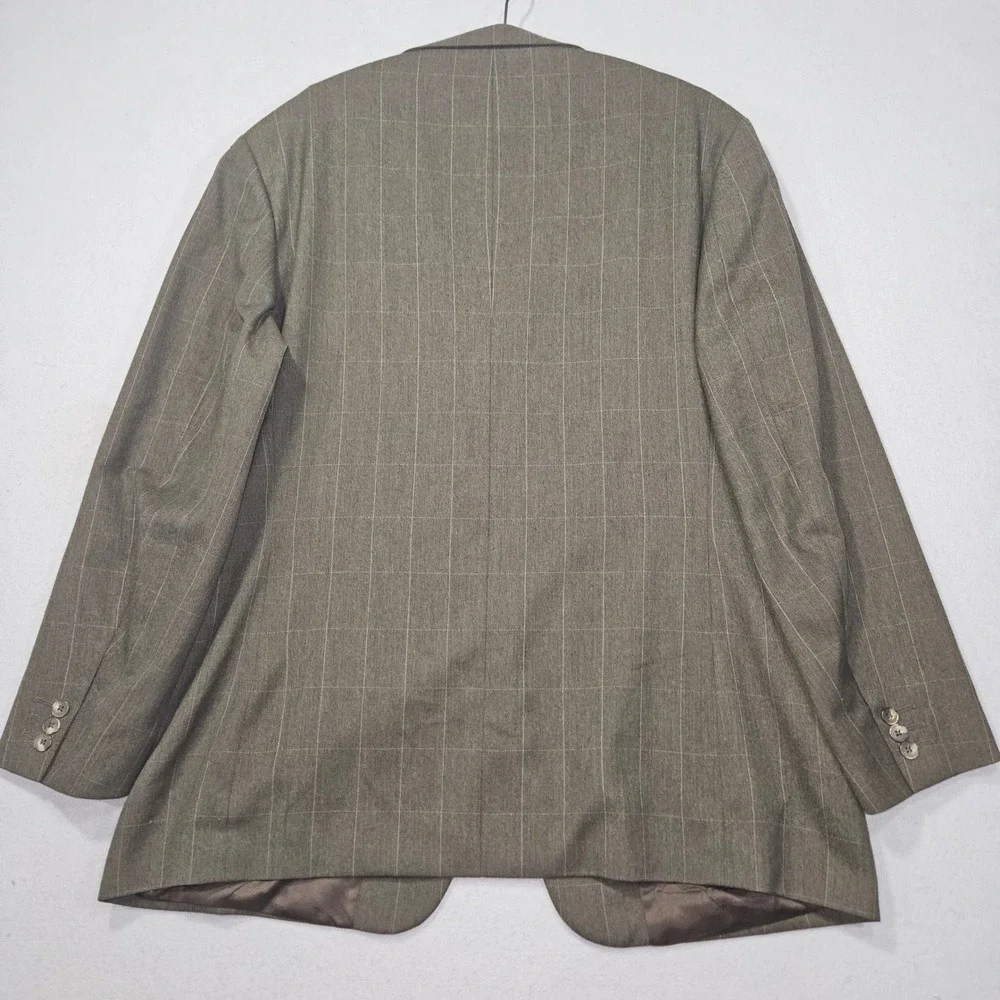 VTG Perry Ellis Windowpane Check 2pc Suit Blazer Pleated Pants Grey Sz 46 XXL